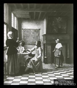 
Londres. National Gallery. Hooch, Pieter de. Interior con mujer bebiendo con dos hombres y una c...