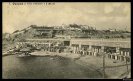 Tarjeta postal circulada de vista panorámica de la Playa de Lido d’Albaro en Génova remitida a [u...