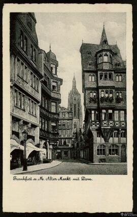 Tarjeta postal circulada de vista exterior del Alter Markt y la Catedral de Frankfurt remitida de...