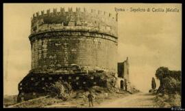 Tarjeta postal de vista exterior de la Tumba de Cecilia Metella en la Via Appia de Roma