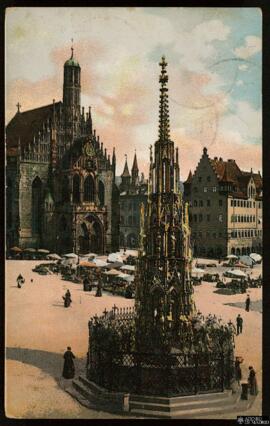 Tarjeta postal circulada a color de la Schöner Brunnen y la Frauenkirche junto al Mercado Central...