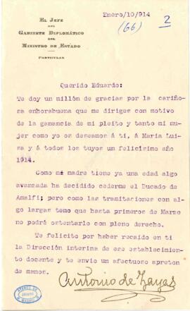 Carta de Antonio de Zayas a Eduardo del Palacio