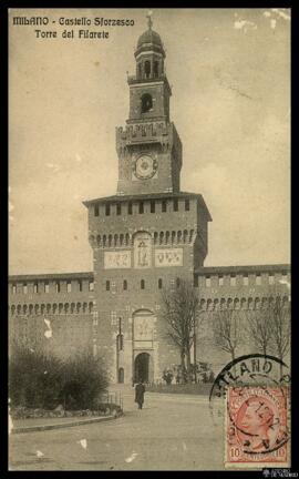 Tarjeta postal de vista exterior del Castello Sforzesco y su Torre del Filarete editada por Baldi...