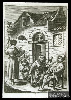 F. Andrade: [Dos hilanderas y dos hombres delante de una casa con el rótulo "Casa y gente de...