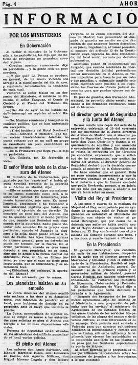 1931-02-13. El cierre del Ateneo y la detención de sus directivos. Ahora (Madrid)