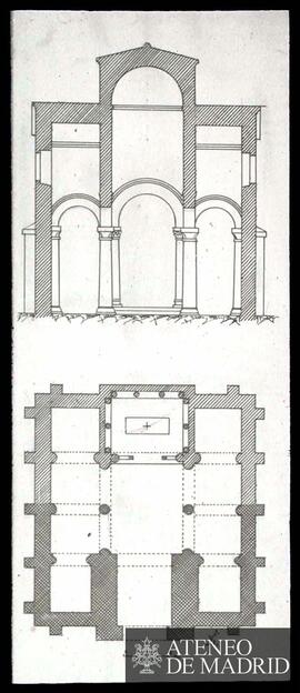 Planta y sección de San Miguel de Lillo (Oviedo). (Antiguamente San Miguel de Linio) . (Dibujo de...