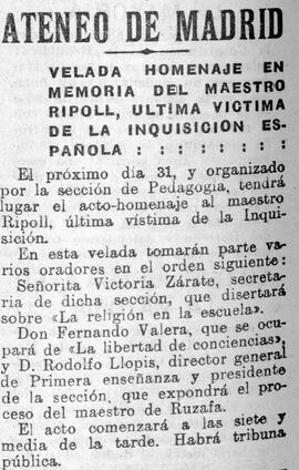 1931-07-29. Homenaje al maestro Ripoll. El Liberal (Madrid)