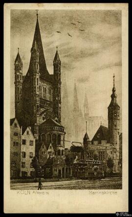 Tarjeta postal de vista exterior de la Martinskirche en Colonia editada por el Cramers Kunstansta...