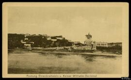 Tarjeta postal de vista panorámica de la Fortaleza de Ehrenbreitstein y el Monumento ecuestre al ...