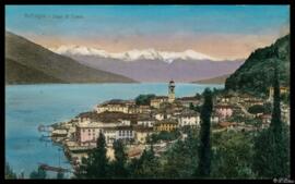 Tarjeta postal de heliograbado a color de vista panorámica de Bellagio junto al Lago di Como edit...