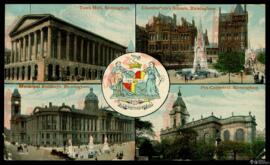 Tarjeta postal a color de vista exterior de los monumentos de Birmingham Town Hall, CHamberlain's...