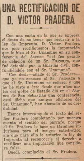 1930-05-04. Víctor Pradera rectifica una imputación que le hizo Unamuno en su conferencia del Ate...