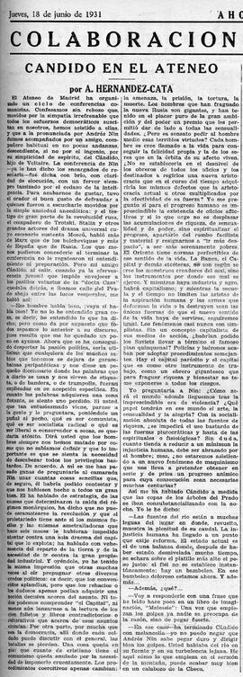 1931-06-18. Artículo sobre la conferencia de Andrés Nin en el Ateneo. Ahora (Madrid)