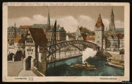 Tarjeta postal circulada a color del Wandrahmsbrücke en Hamburgo editada por el Verlag von C. Wor...