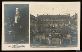 Tarjeta postal doble de vista exterior del Reichspräsidenten-Palais en Berlín y retrato de Paul v...