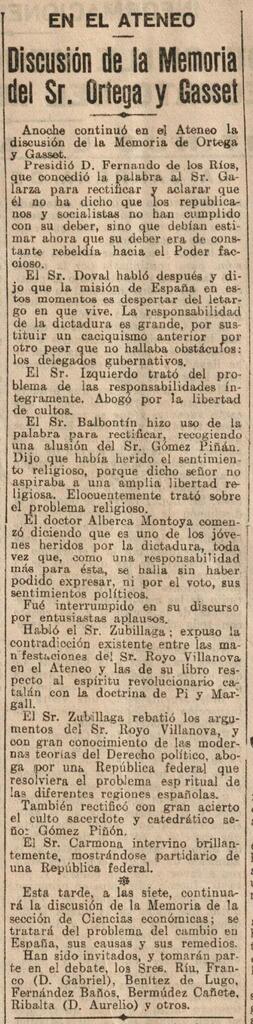 1930-07-17. Extracto de la discusión de la Memoria de Eduardo Ortega y Gasset. El Liberal (Madrid)