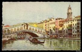 Tarjeta postal policromada de reproducción de una ilustración del Ponte di Rialto de Venezia edit...