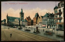 Tarjeta postal a color del Hauptmarkt y la Gangolphskirche de Tréveris editada en Colonia por el ...