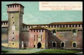 tarjeta postal a color de vista exterior del Castello Sforzesco, su Torre di Bona y el acceso a l...