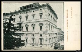 Tarjeta postal de vista exterior del Palace Hotel de Perugia, propiedad y dirección de G. Curti, ...