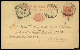 Tarjeta postal cirulada remitida por J. E., desde la Bibliotea Vaticana de roma al Chiarissimo Pr...