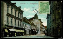 Tarjeta postal circulada a color de la calle principal de Jablonec nad Nisou editada por G. J. W....