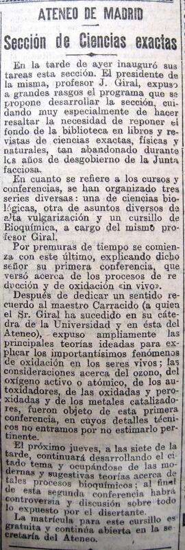 1930-12-07. Sección de Ciencias Exactas y conferencia de José Giral. El Liberal (Madrid)