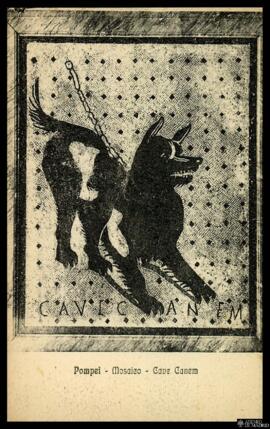 Tarjeta postal de un mosaico de aviso de perro guardián "Cave Canem" de Pompeya editada...