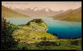 Tarjeta postal a color de vista general Bellagio y el Lago di Como editada por Photoglob en Zúrich