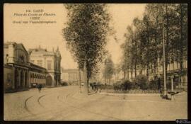 Tarjeta postal de la Plaza del Conde de Flandes en Gante con carta no circulada en francés al ver...