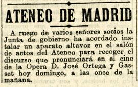 1931-12-06. Altavoz en el Ateneo para escuchar el discurso de Ortega y Gasset en el cine de la Óp...