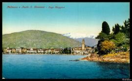 Tarjeta postal a color de vista panorámica de Pallanza y la Isola San Giovanni en el Lago Mayor d...