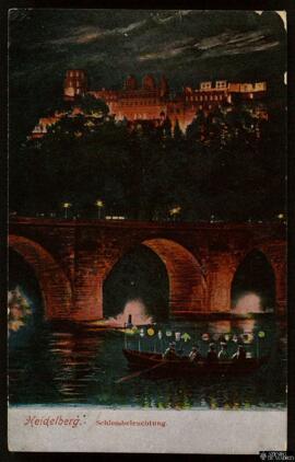 Tarjeta postal circulada de vista panorámica nocturna del Castillo de Heidelberg editada por Loui...