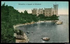 Tarjeta postal policromada de vista panorámica del Castillo de Miramar de Trieste editada por G. Z.