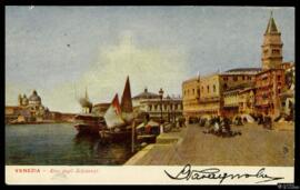 Tarjeta postal circulada policromada de reproducción de una ilustración de la Riva degli Schiavon...