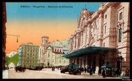 Tarjeta postal a color de vista exterior de la Estación Margellina de ferrocarril con conexión di...