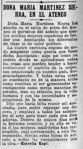 1931-07-25. Reseña de la conferencia de María Martínez Sierra sobre el proyecto de una asociación...