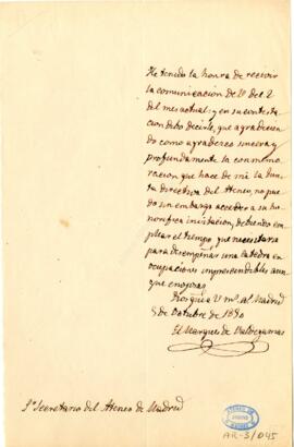 1850-10-05. Carta de Juan Donoso Cortés