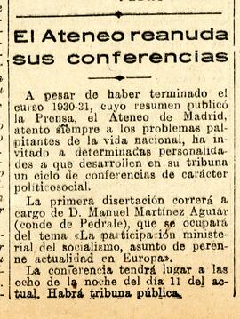 1931-08-07. Anuncio de conferencia de Manuel Martínez Aguiar, conde de Pedroso. El Liberal (Madrid)