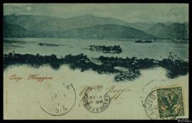 Tarjeta postal circulada del paisaje de las Islas Borromeas en el Lago Mayor de Italia editada po...