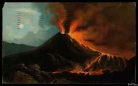 Tarjeta postal circulada de ilustración a color del Monte Vesubio en erupción editada por R. &amp...