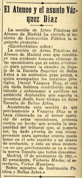 1931-11-25. El Ateneo y el asunto Vázquez Díaz. El Liberal (Madrid)