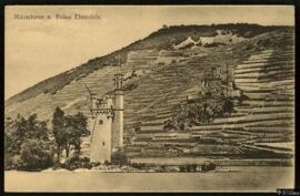 Tarjeta postal de vista panorámica de la Mäuseturm y las ruinas del Castillo de Ehrenfels