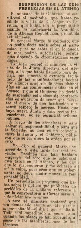 1930-06-14. Suspensión de las conferencias en el Ateneo. El Liberal (Madrid)