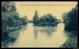 Tarjeta postal de vista del paisaje de la Pointe de l’Ille y el Lago del Bosque de Bolonia o Bois...