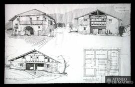 Dibujo de una planta y tres casas del País Vasco (Yurre, Landechu -Munguia- y Munguia)