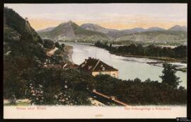 Tarjeta postal a color de las Siebengebirge y Rolandseck, Remage, editada en Heidelberg por el Ve...