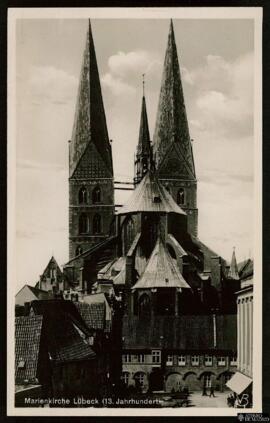 Tarjeta postal de la vista exterior de la Marienkirche en Lübeck editada por la Lübecker Verkehrs...