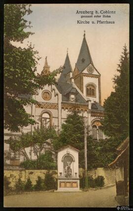 Tarjeta postal de vista exterior de la Iglesia y Presbiterio de San Nicolás en Arenberg, distrito...