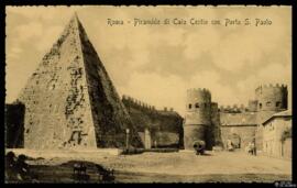 Tarjeta postal de vista exterior de la Pirámide de Cayo Cestio y la Puerta de San Paolo o Porta O...